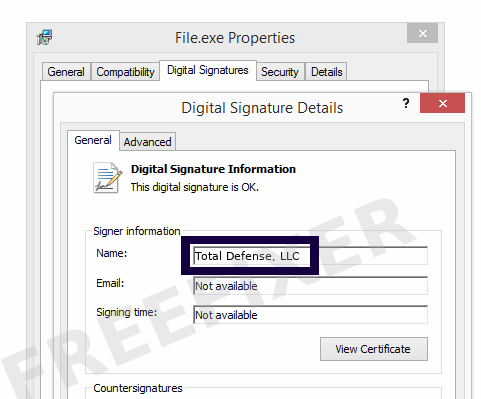 Screenshot of the Total Defense, LLC certificate